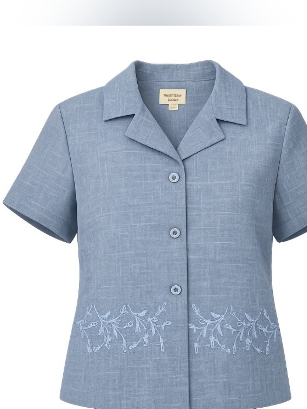 Vintage Tradition Petite Short Sleeve Button Down Embroidered Blue Blouse Sz 12P